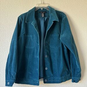 Denim & Co. Teal Blue Women’s Velvet Jacket Size Medium Embroidered Design
